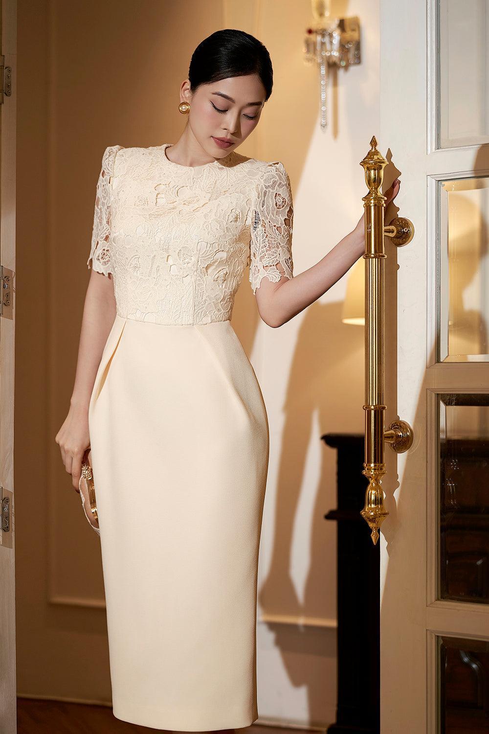 Women's Delphine Pencil Round Neck Silk Lace Midi Dress S/M/L/Xl Ivory White Mean Blvd Ivory White / M