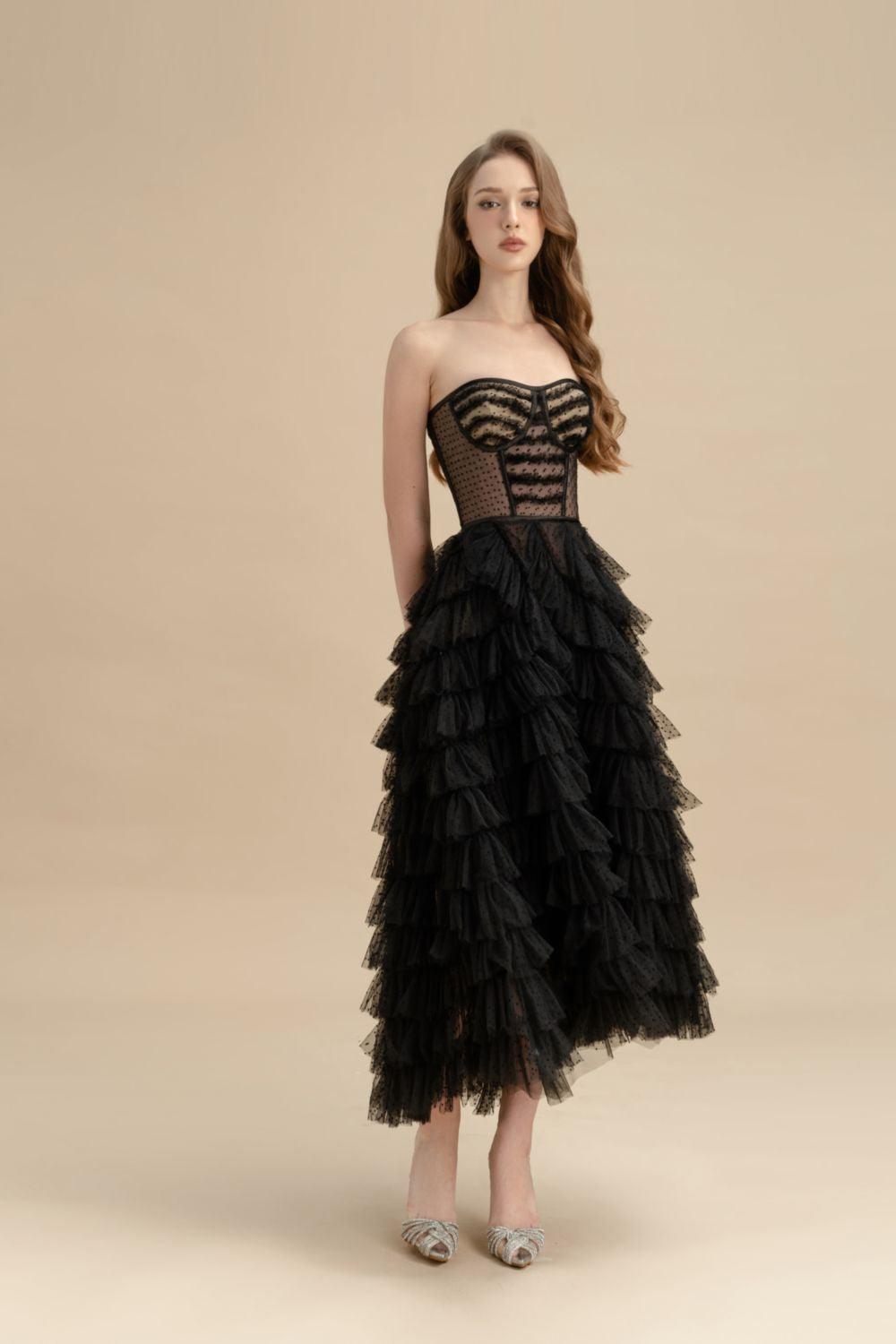 Delta Layered Semi-Heart Neck Tulle Midi Dress - MEAN BLVD