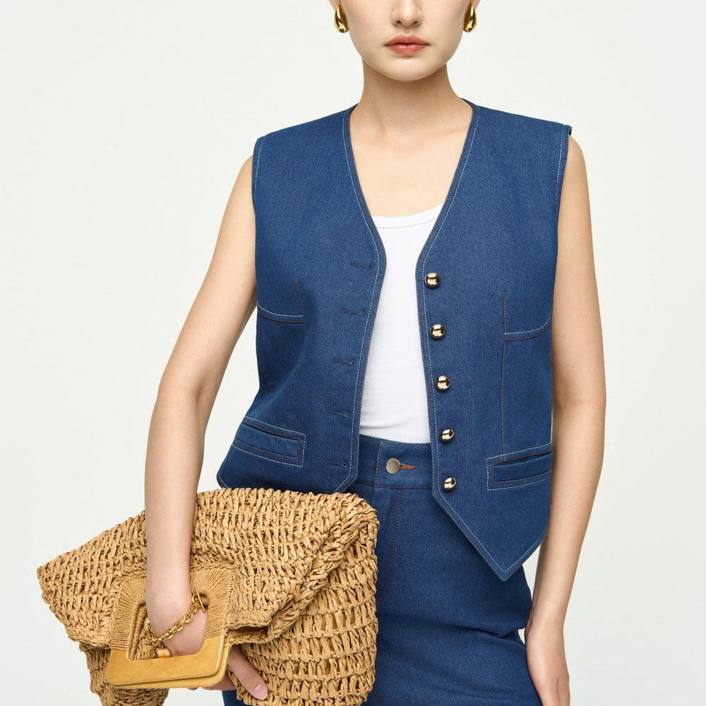 Demi Straight Welt Pocket Cotton Denim Vest - MEAN BLVD