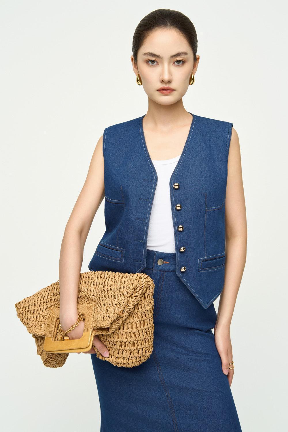 Demi Straight Welt Pocket Cotton Denim Vest - MEAN BLVD