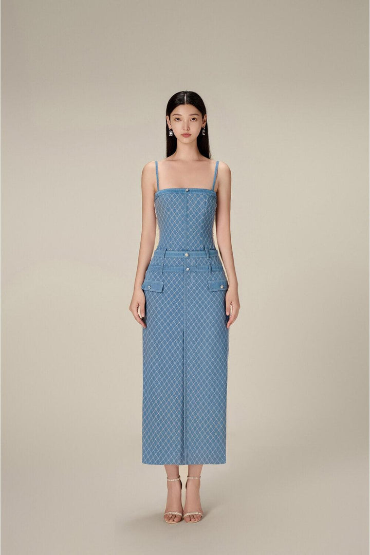 Denim Straight Strappy Cotton Midi Dress - MEAN BLVD