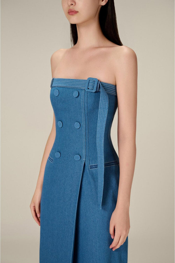 Denim Taffeta Long Dress - MEAN BLVD