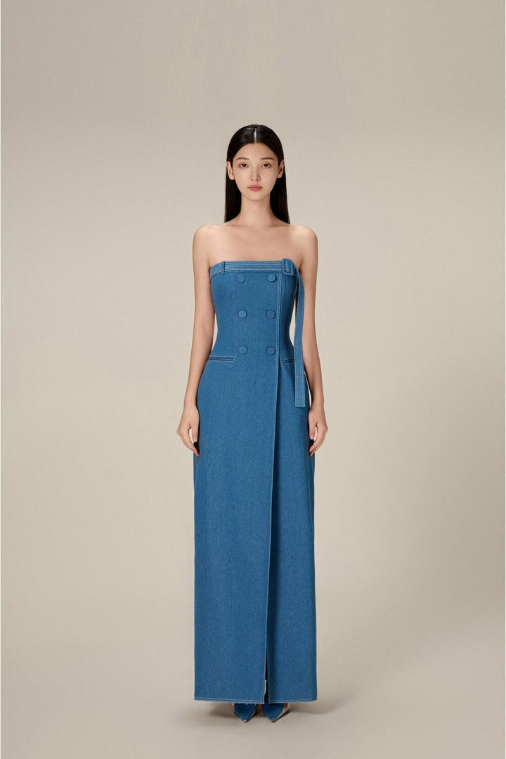 Denim Taffeta Long Dress - MEAN BLVD