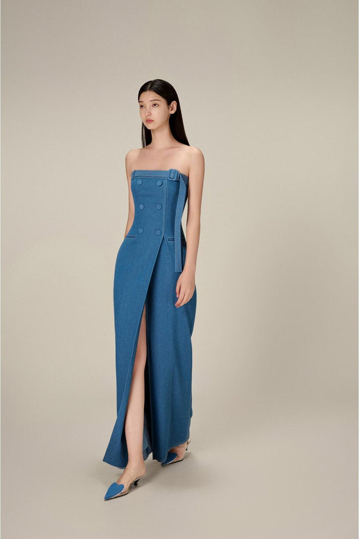 Denim Taffeta Long Dress - MEAN BLVD