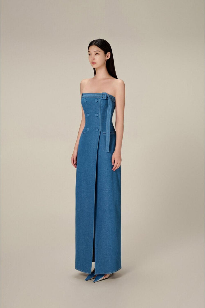 Denim Taffeta Long Dress - MEAN BLVD