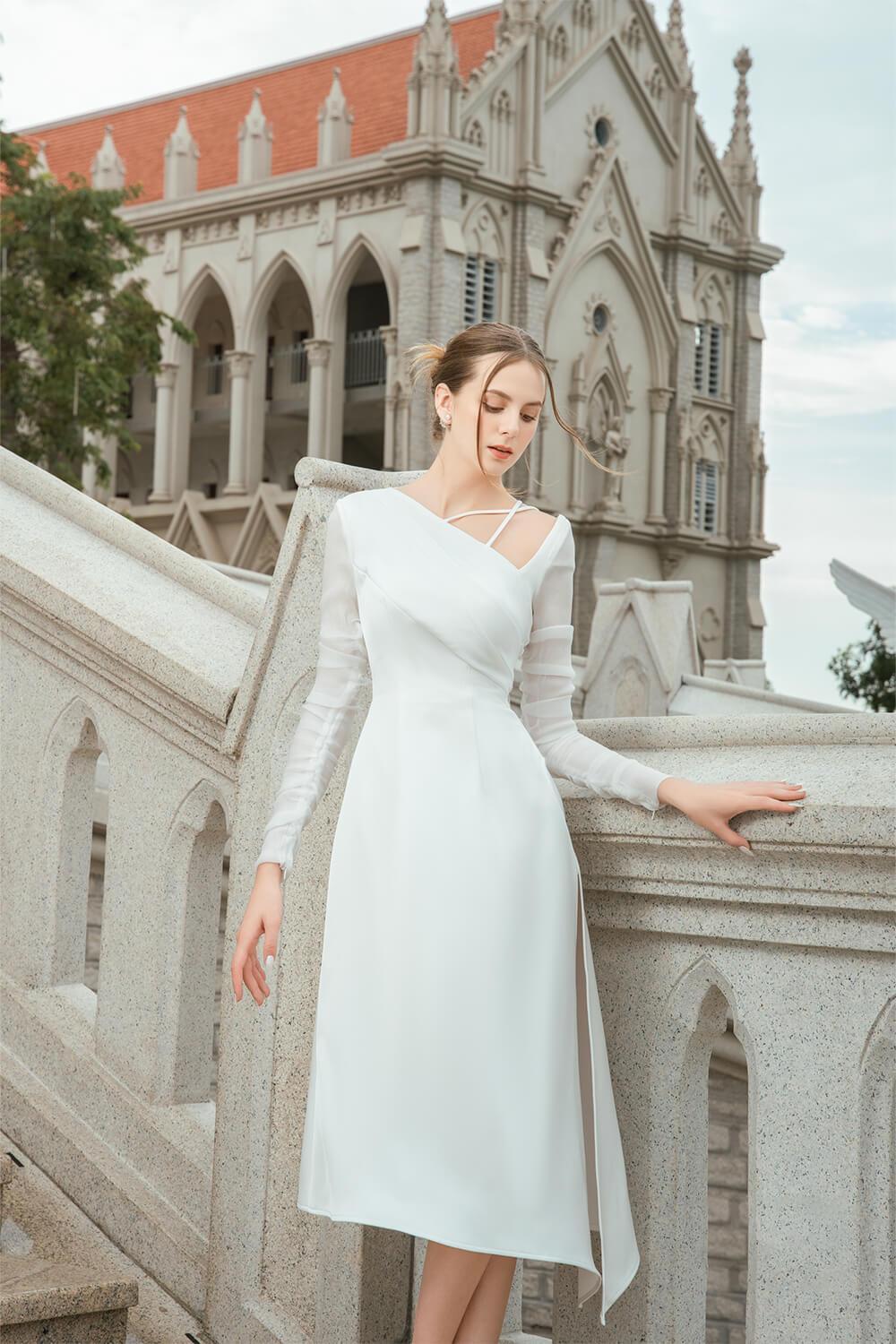 Women's Dhotra Asymmetric Side Slit Chanel Midi Dress S/M/L White MEAN BLVD S / White Women's Dhotra Asymmetric Side Slit Chanel Midi Dress S/M/L White MEAN BLVD S / White