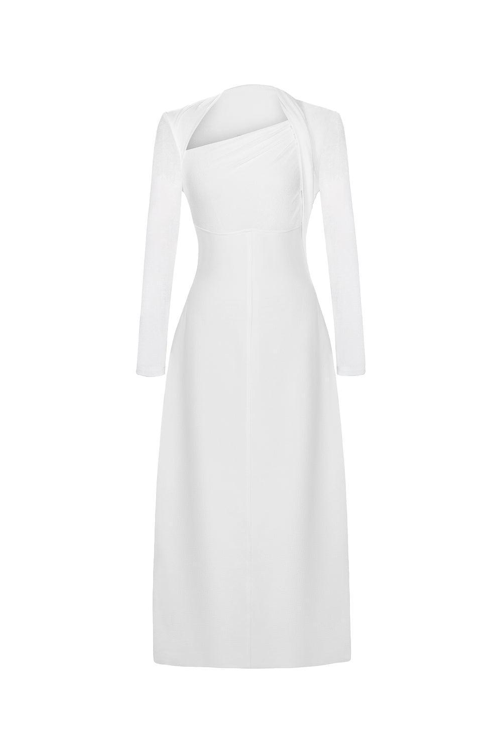 Diamond A-line Asymmetric Neck Crinkle Crepe Midi Dress - MEAN BLVD