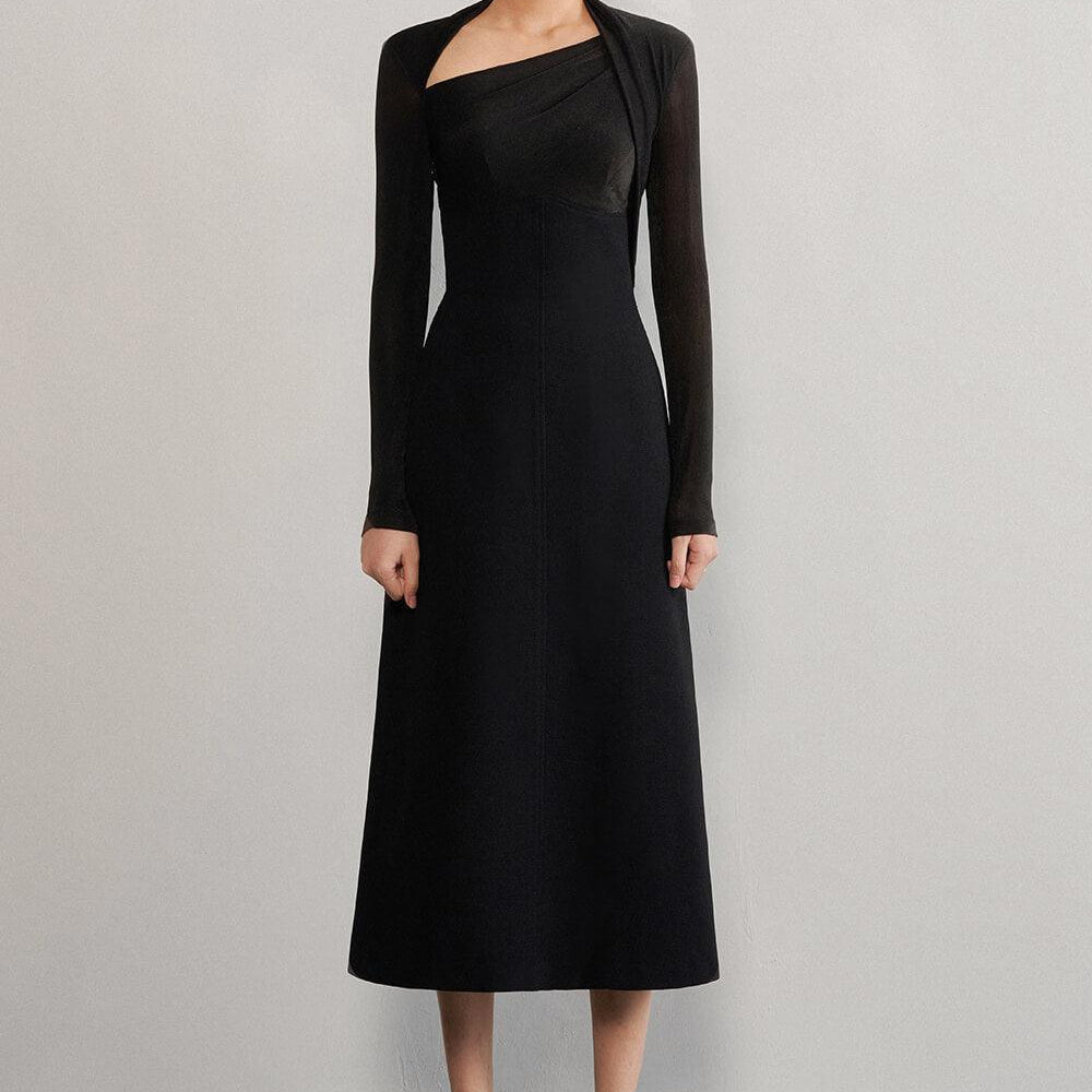 Diamond A-line Asymmetric Neck Crinkle Crepe Midi Dress - MEAN BLVD