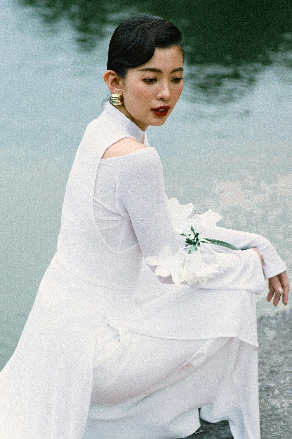 Diep Sheath Cold Shoulder Sleeved Wool Calf Length Ao Dai - MEAN BLVD