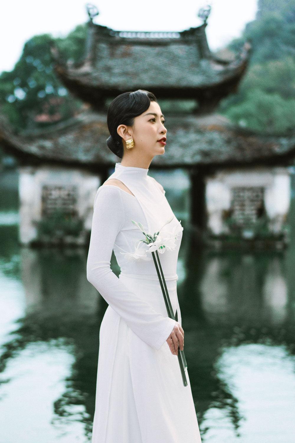 Diep Sheath Cold Shoulder Sleeved Wool Calf Length Ao Dai - MEAN BLVD