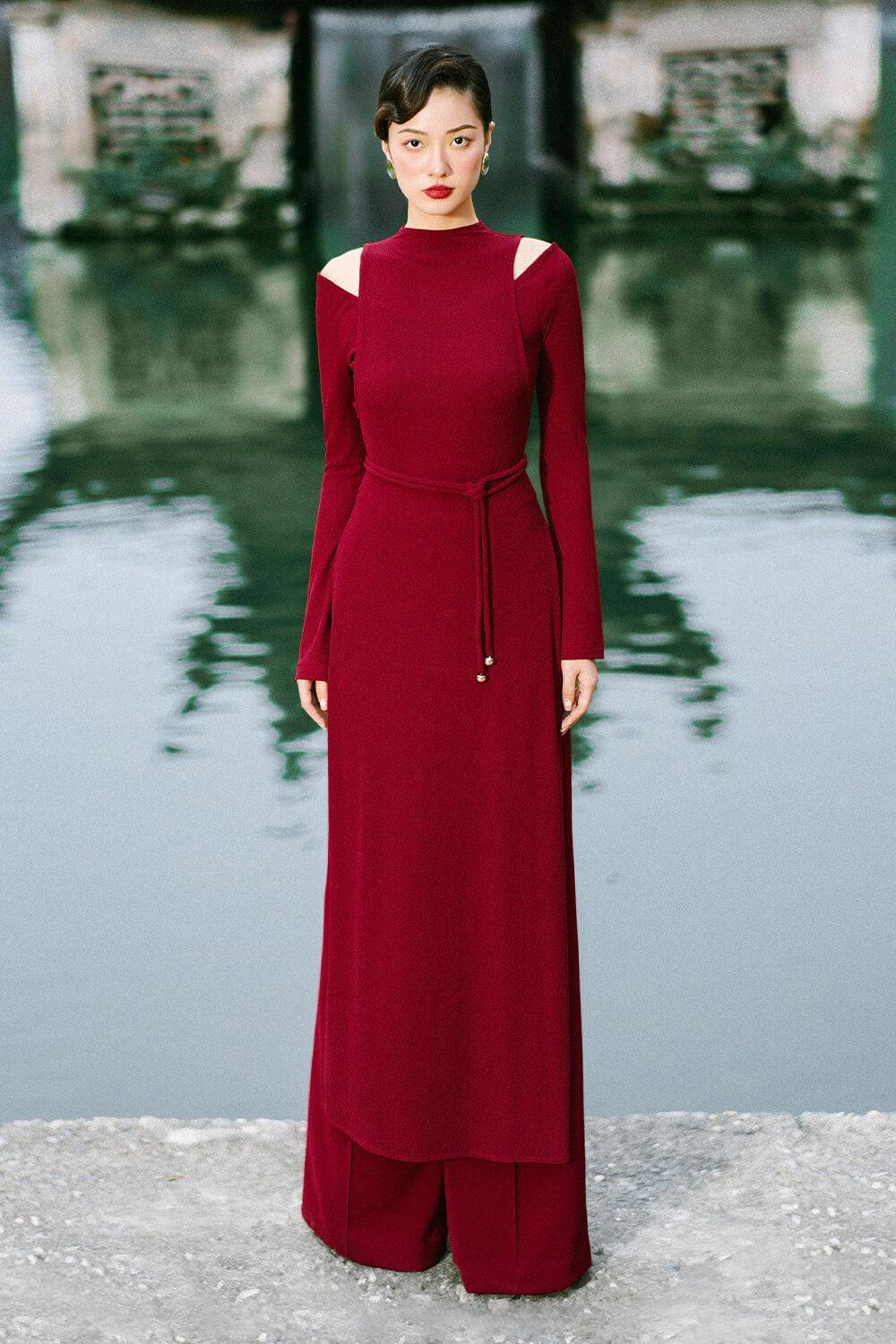 Diep Sheath Cold Shoulder Sleeved Wool Calf Length Ao Dai - MEAN BLVD