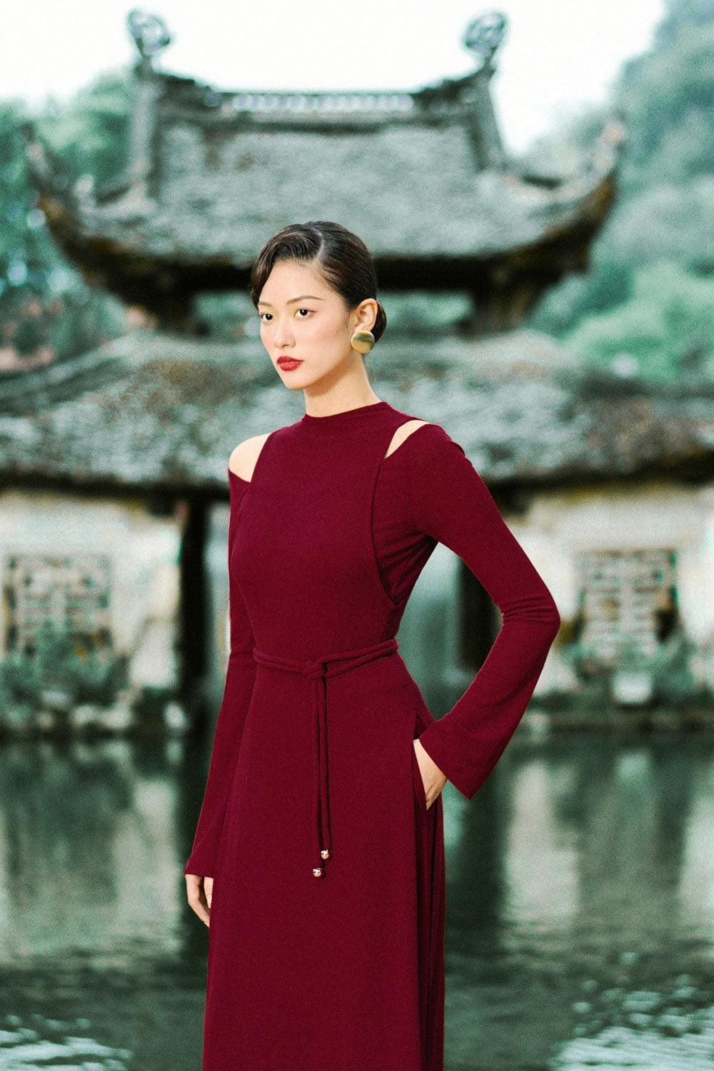 Diep Sheath Cold Shoulder Sleeved Wool Calf Length Ao Dai - MEAN BLVD