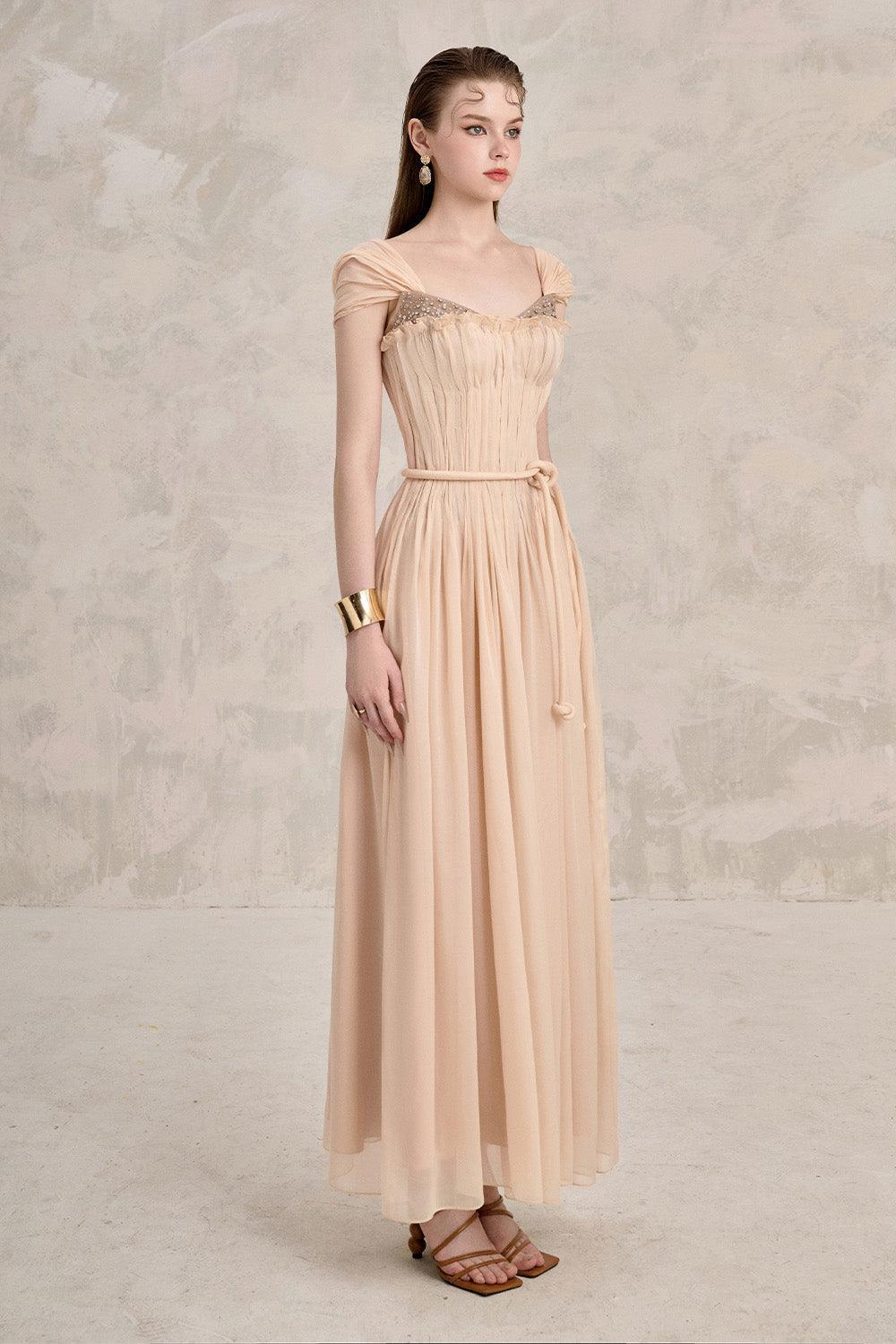 Dilana A-line Pleated Chest Chiffon Ankle Length Dress Light Yellow / S