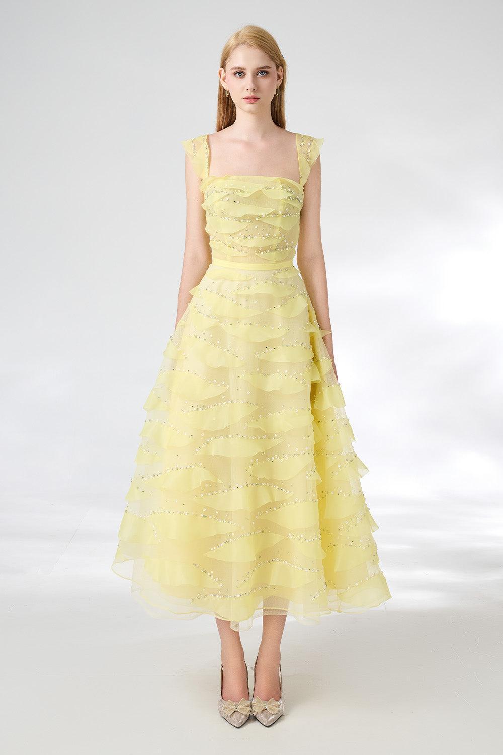 Women's Dillon Fit and Flare Square Neck Organza Midi Dress XS/S/M/L/XL/Customize Light Yellow Mean Blvd, Light Yellow / Xs Women's Dillon Fit and Flare Square Neck Organza Midi Dress XS/S/M/L/XL/Customize Light Yellow Mean Blvd, Light Yellow / Xs