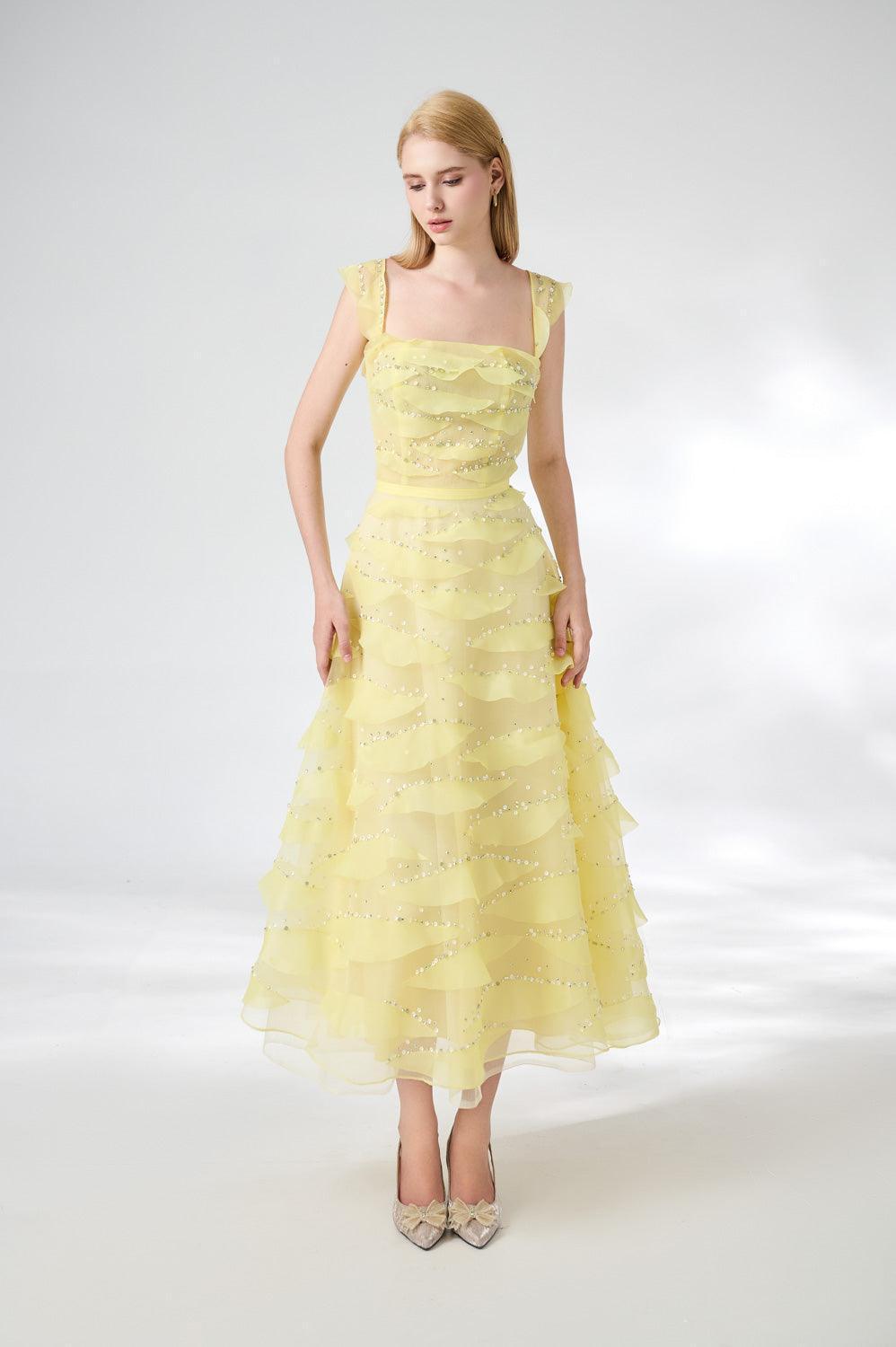 Dillon Fit and Flare Square Neck Organza Midi Dress - MEAN BLVD
