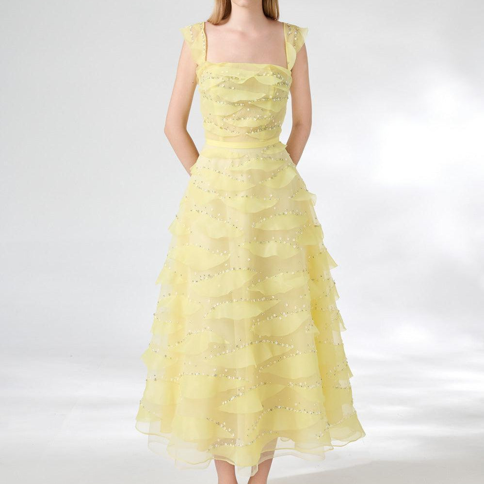 Dillon Fit and Flare Square Neck Organza Midi Dress - MEAN BLVD