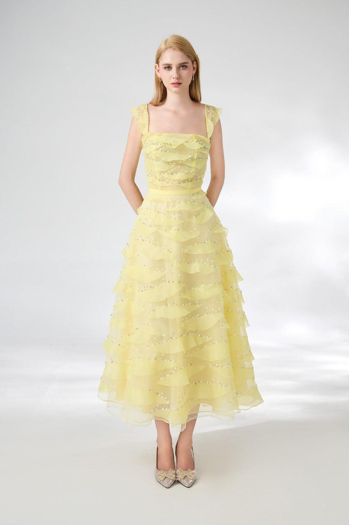 Dillon Fit and Flare Square Neck Organza Midi Dress - MEAN BLVD