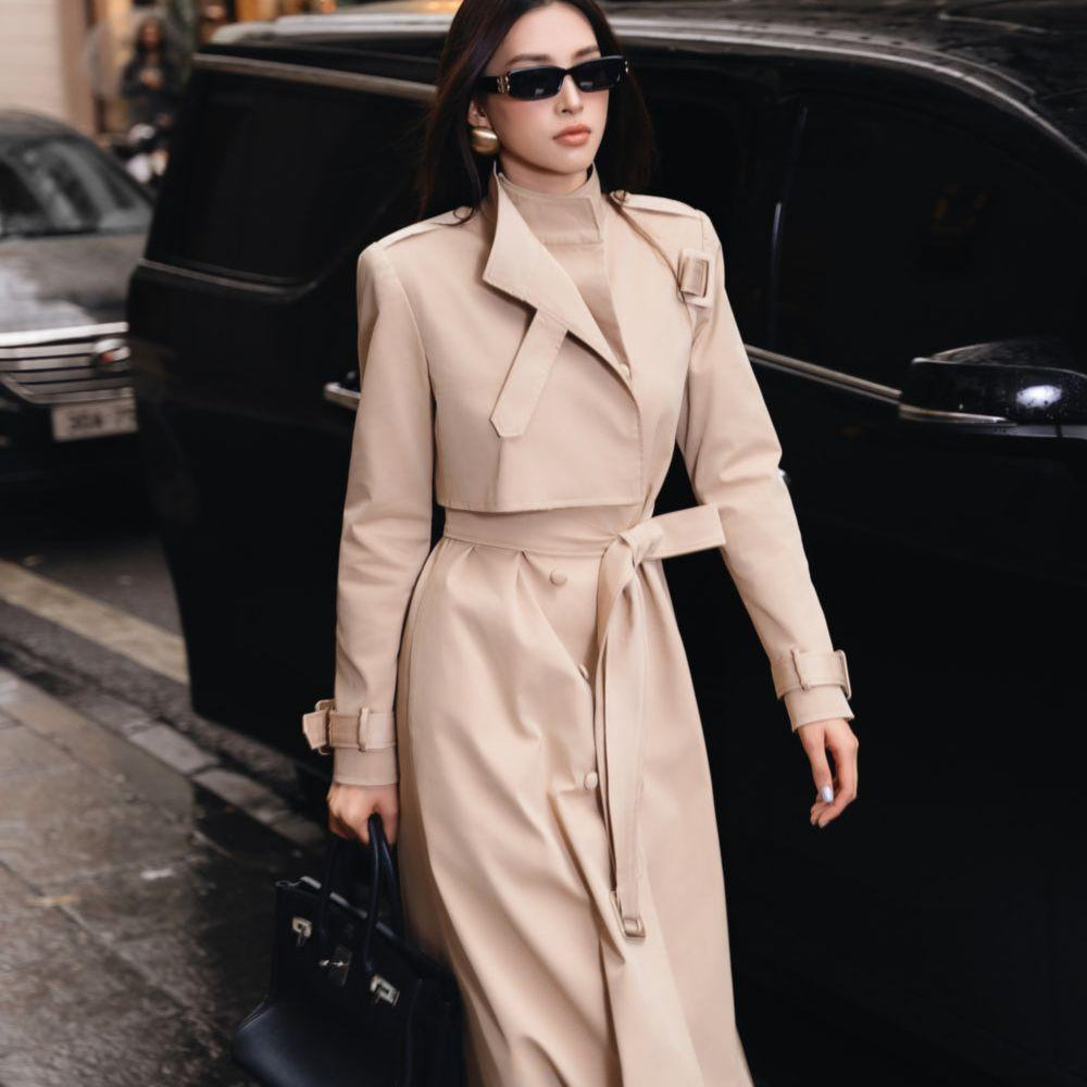 Dolyn A-line Belt Strap Polyester Spandex Calf Length Trench Coat - MEAN BLVD