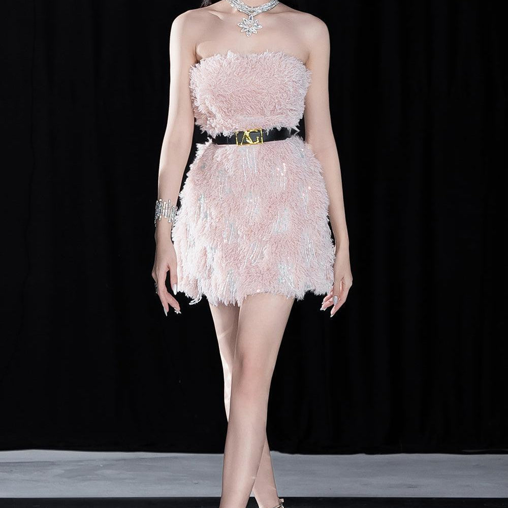 Dora A-line Straight Across Neck Faux Fur Mini Dress - MEAN BLVD