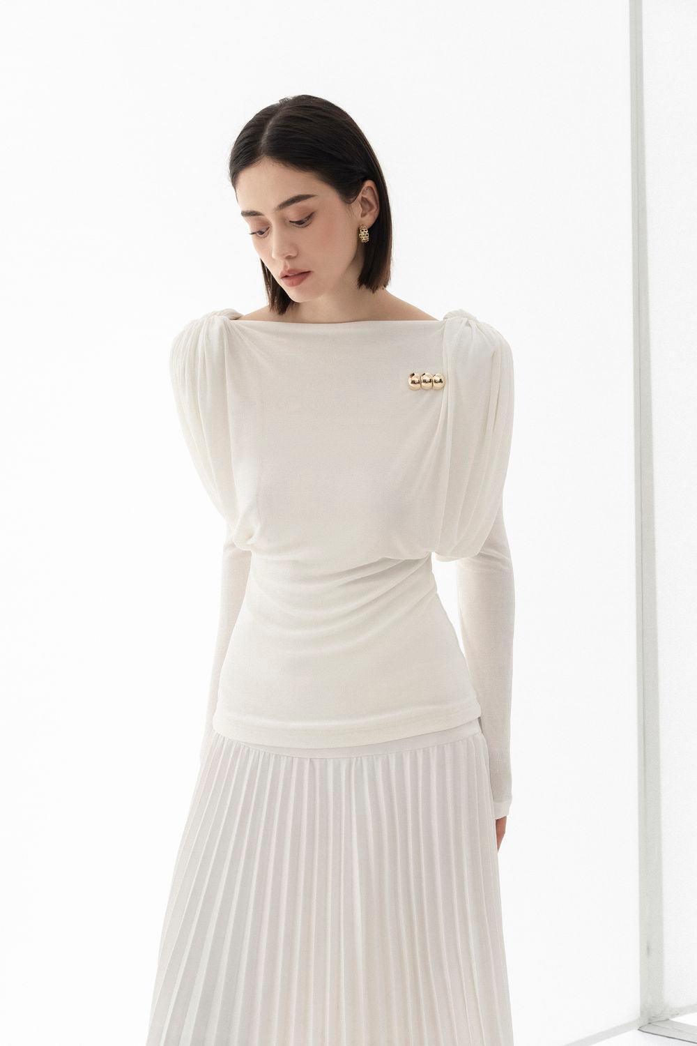 Women's Doris Drop Waist Pleated Silk Midi Skirt S/M/L/XL White/Black MEAN BLVD XL / White