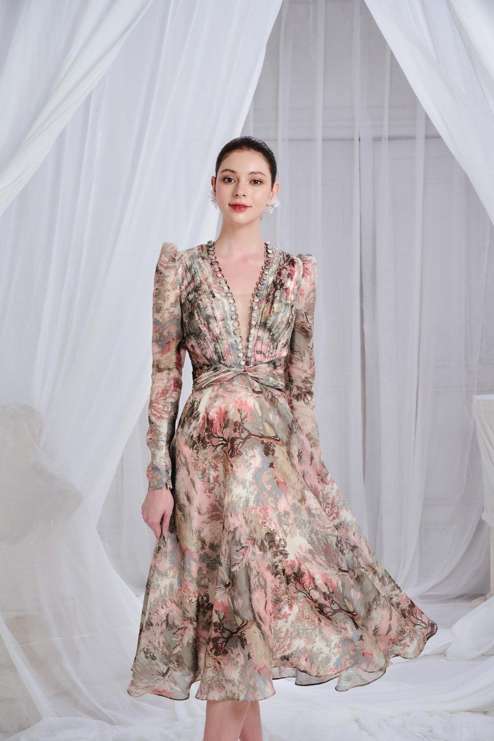 Douceur A-line Pleated Chest Organza Midi Dress - MEAN BLVD