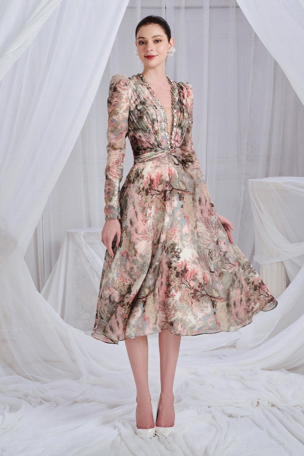 Douceur A-line Pleated Chest Organza Midi Dress - MEAN BLVD