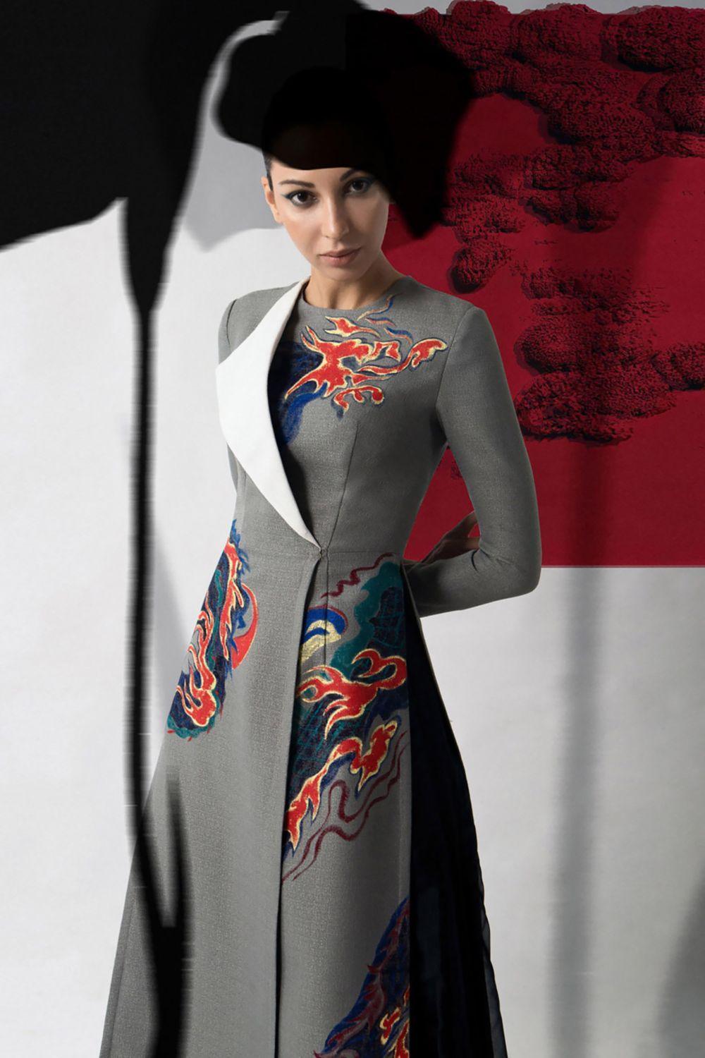 Dragon Sheath Round Neck Hopsacking Calf Length Ao Dai - MEAN BLVD