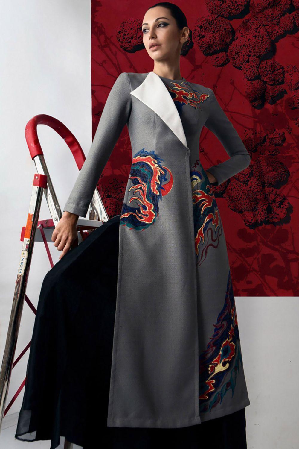 Dragon Sheath Round Neck Hopsacking Calf Length Ao Dai - MEAN BLVD