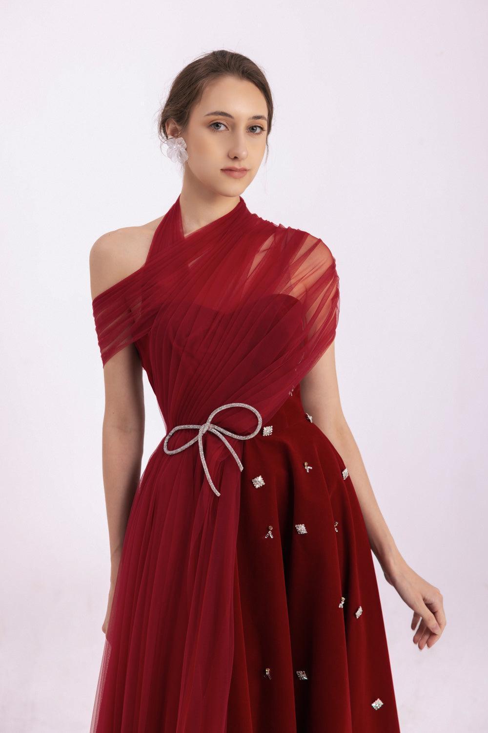 Duarte Fit and Flare Crossover Mesh Silk Floor Length Dress - MEAN BLVD