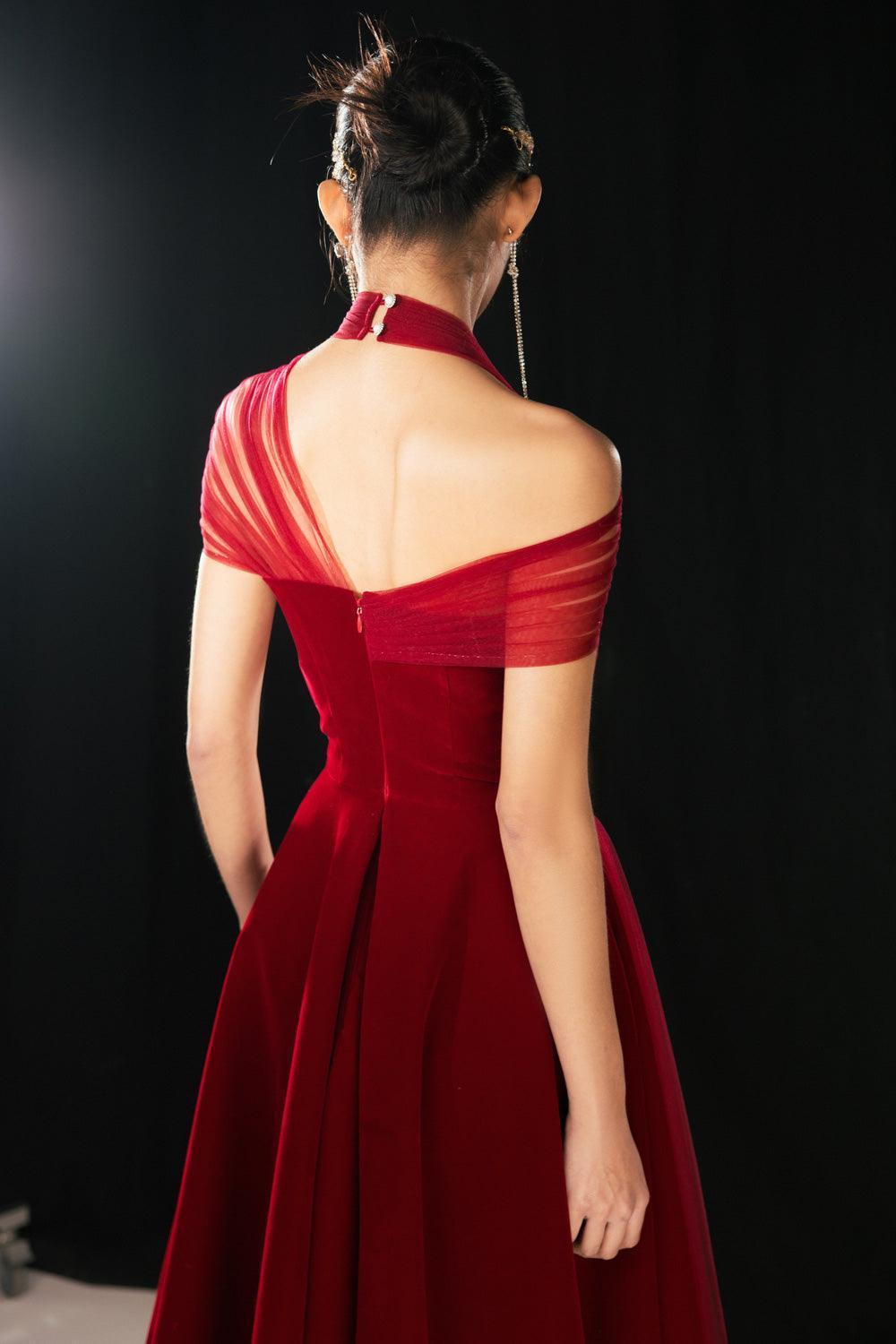Duarte Fit and Flare Crossover Mesh Silk Floor Length Dress - MEAN BLVD