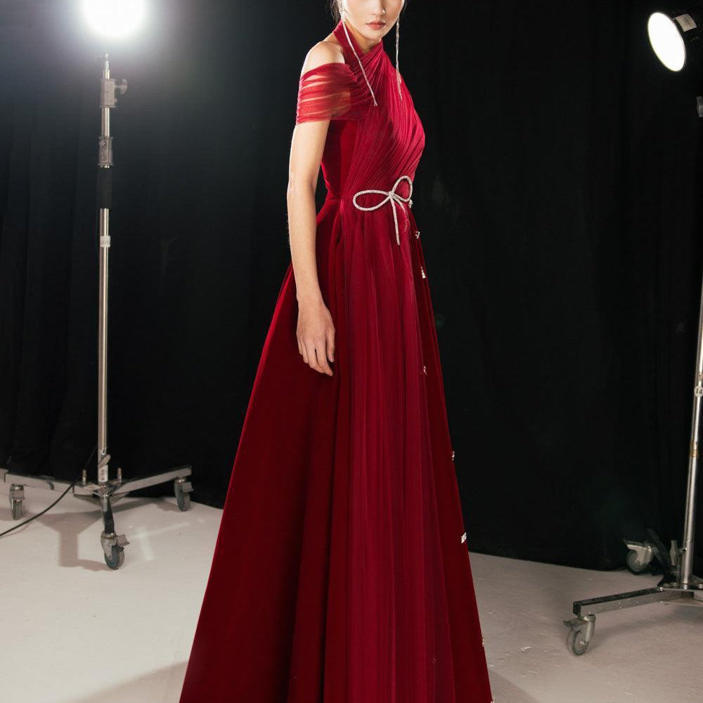 Duarte Fit and Flare Crossover Mesh Silk Floor Length Dress - MEAN BLVD