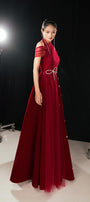 Duarte Fit and Flare Crossover Mesh Silk Floor Length Dress - MEAN BLVD