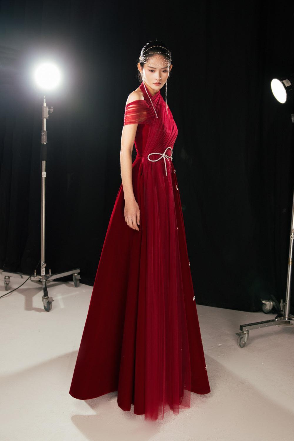 Women's Duarte Fit and Flare Crossover Mesh Silk Floor Length Dress XS/S/M/L/XL Red Mean Blvd Red / L