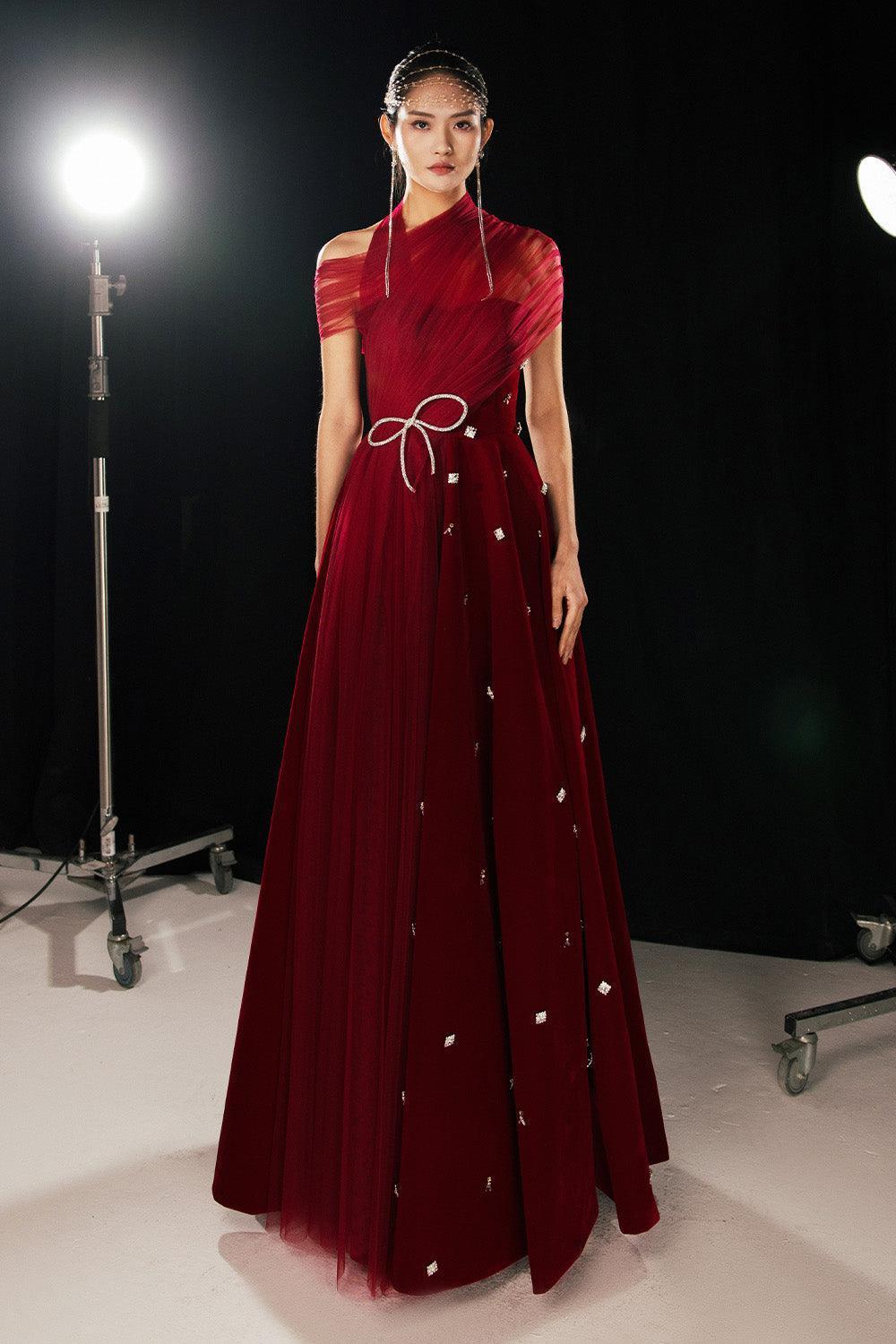 Duarte Fit and Flare Crossover Mesh Silk Floor Length Dress - MEAN BLVD