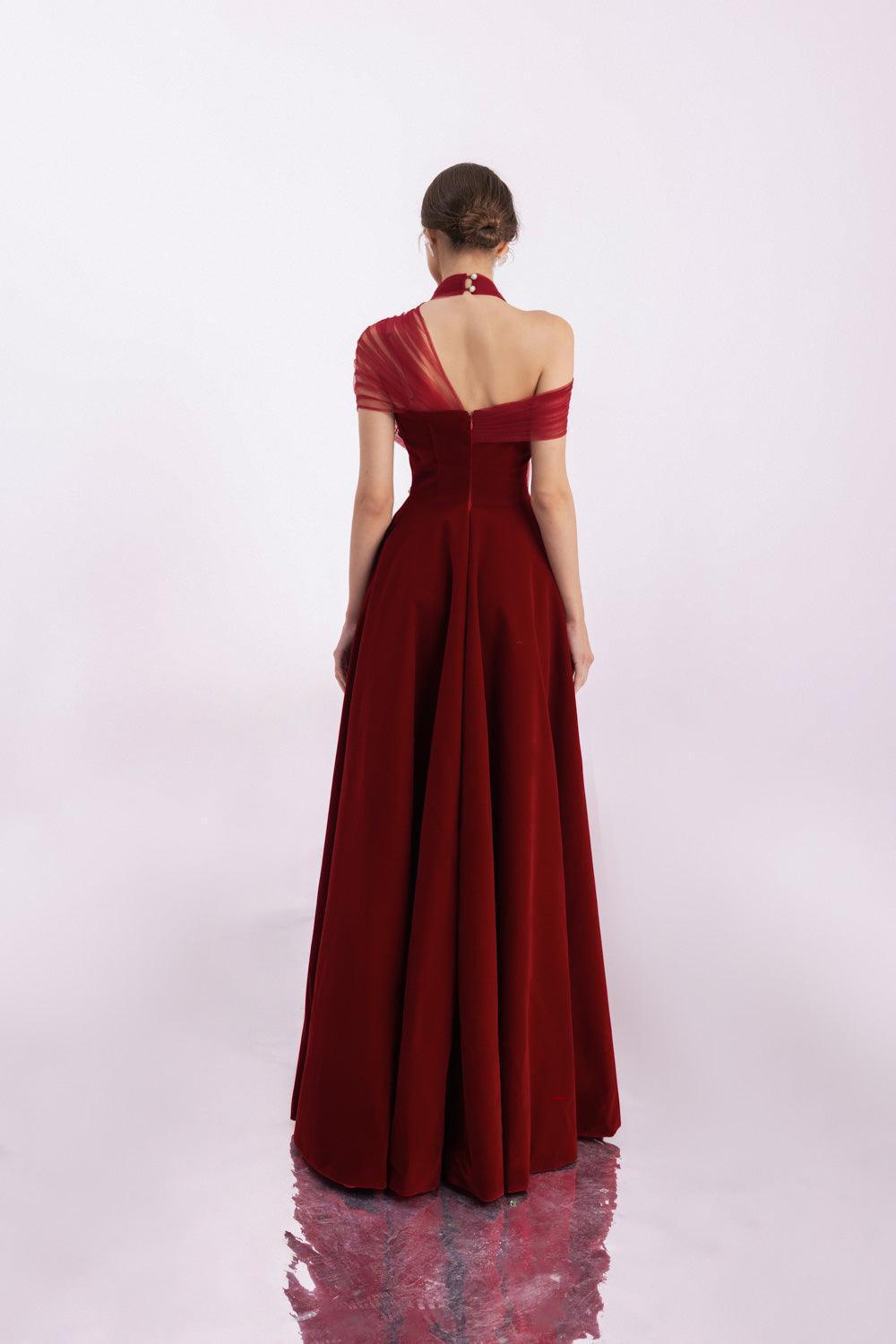 Duarte Fit and Flare Crossover Mesh Silk Floor Length Dress - MEAN BLVD