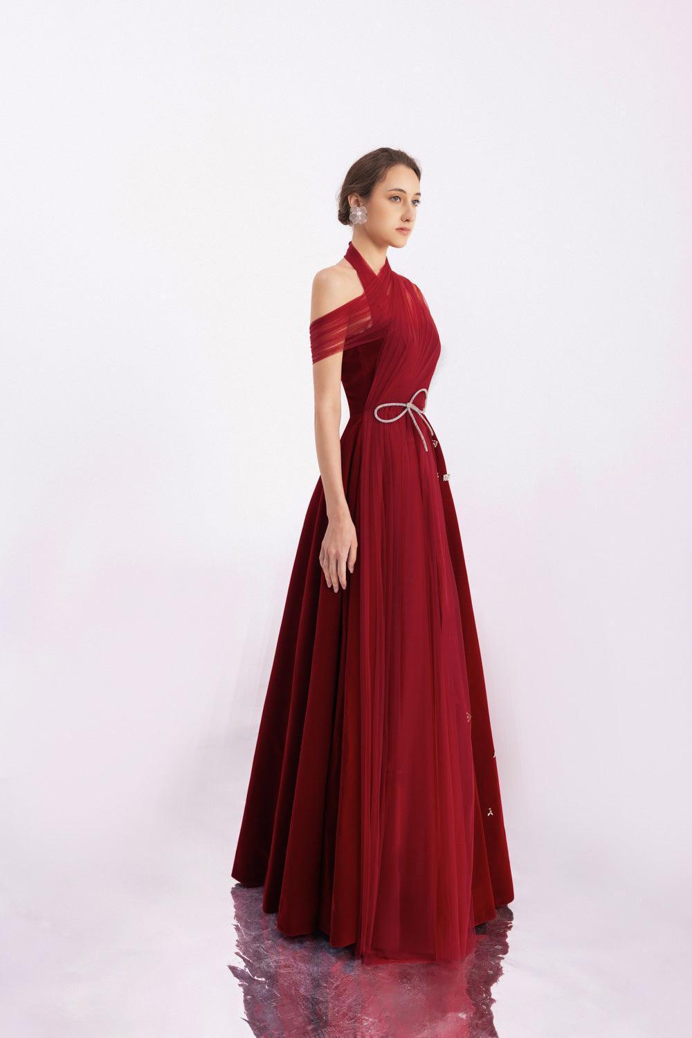 Duarte Fit and Flare Crossover Mesh Silk Floor Length Dress - MEAN BLVD