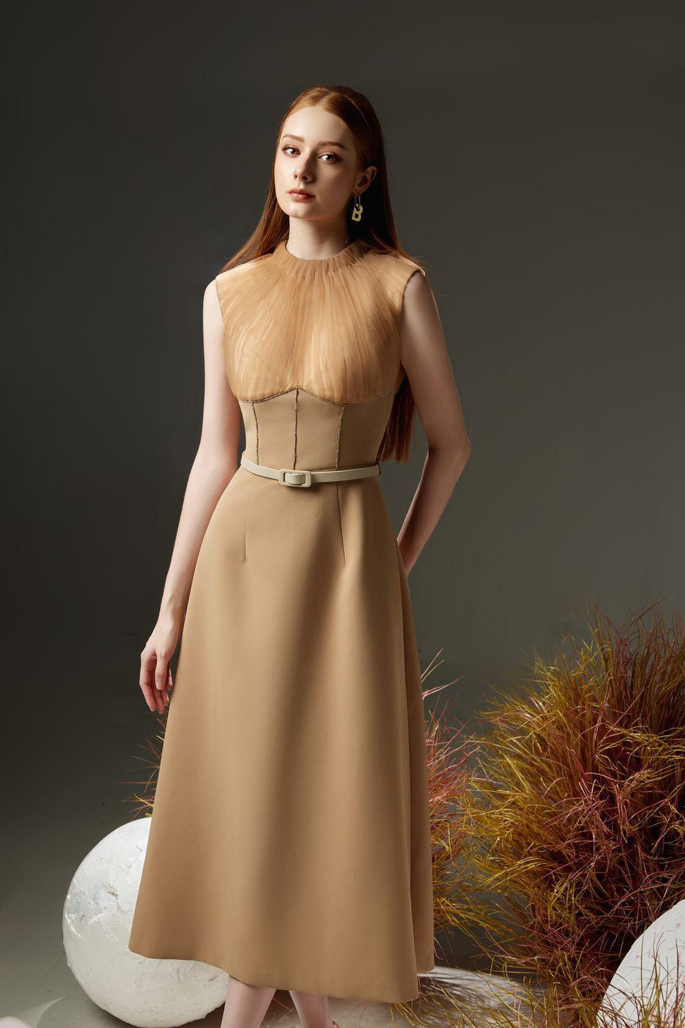 green emerald velvet dress Elegant Floral A-Line Midi Dress for Women – Crew Neck, Long Sleeve, P main image 1