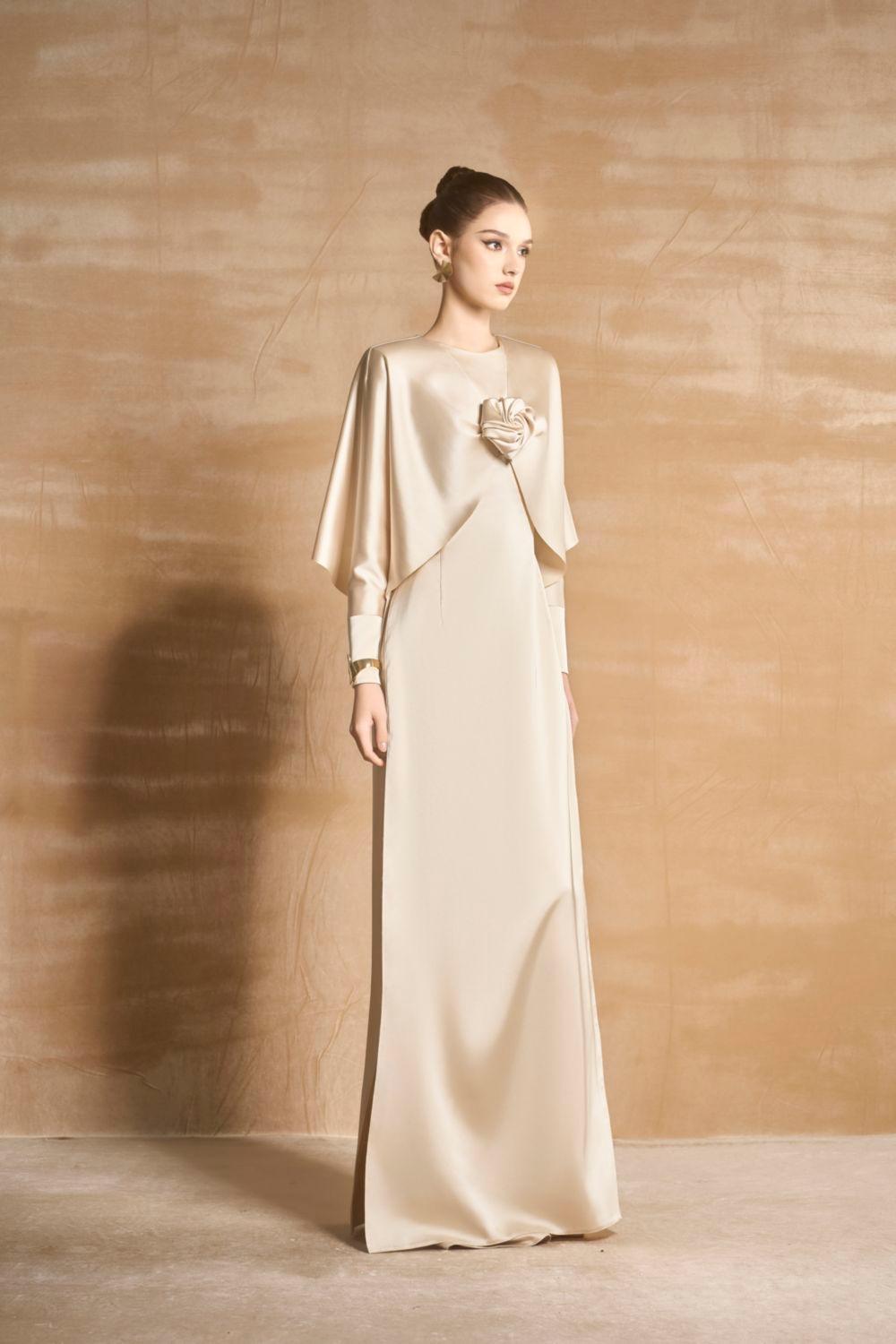 Earline Sheath Cape Sleeved Satin Floor Length Ao Dai - MEAN BLVD