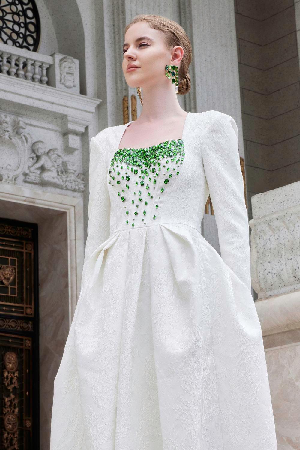 Echoes Ball Gown Long Sleeved Jacquard Floor Length Dress - MEAN BLVD