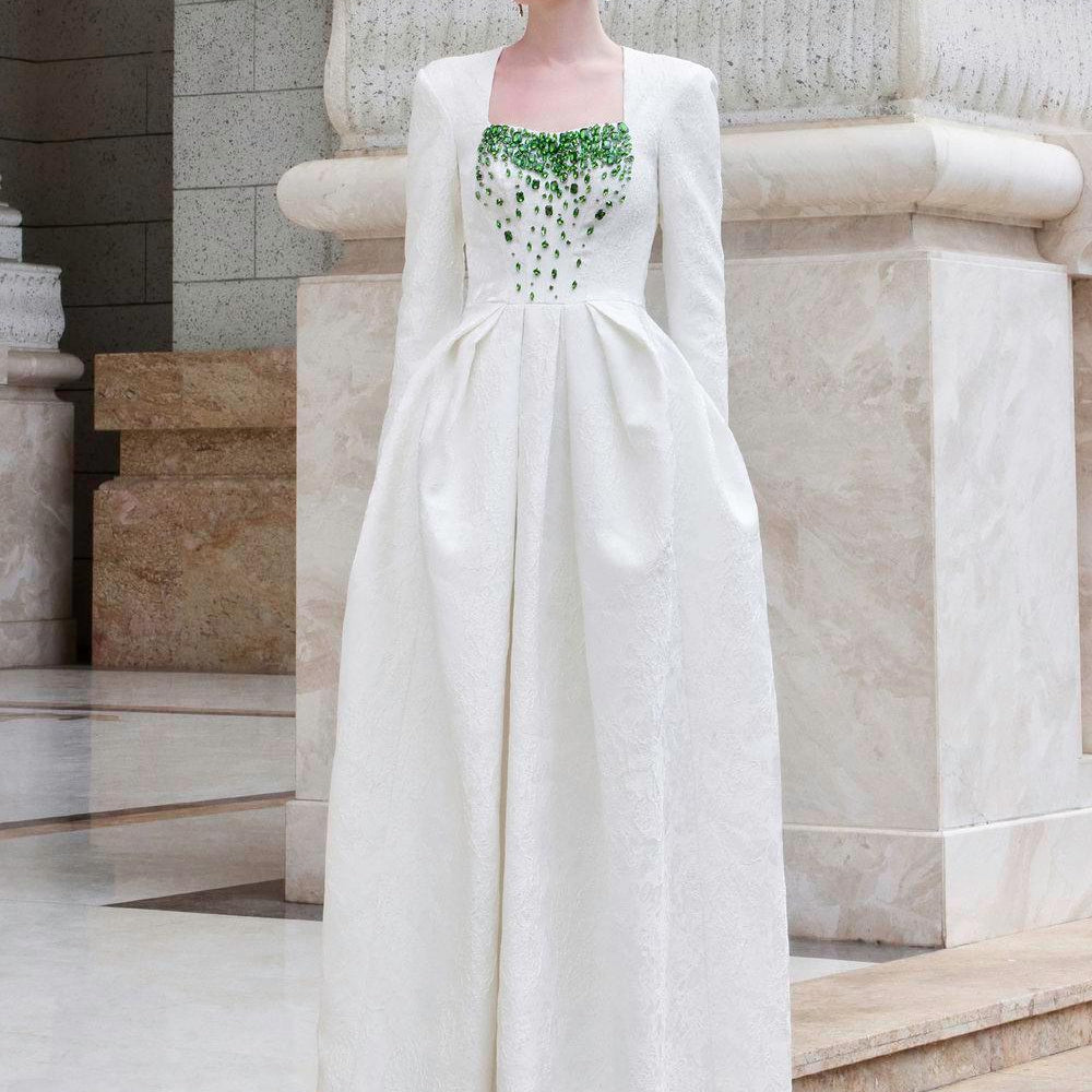 Echoes Ball Gown Long Sleeved Jacquard Floor Length Dress - MEAN BLVD