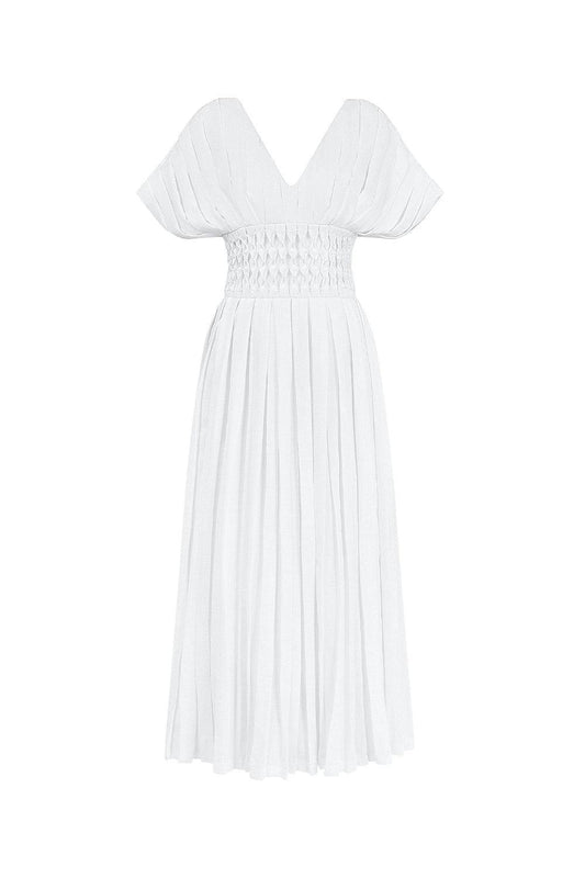 Eira Pleated V-Neck Linen Ankle Length Dress - MEAN BLVD