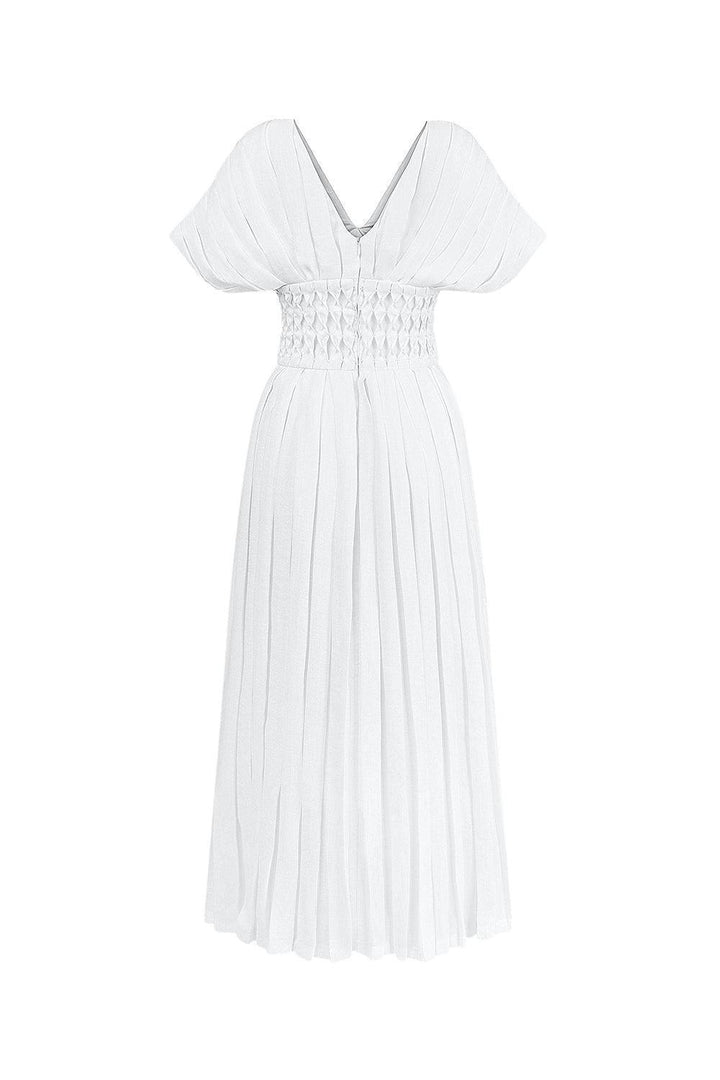 Eira Pleated V-Neck Linen Ankle Length Dress - MEAN BLVD