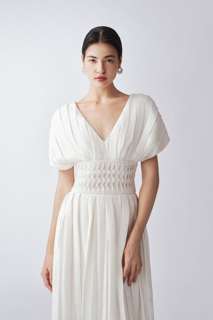 Eira Pleated V-Neck Linen Ankle Length Dress - MEAN BLVD