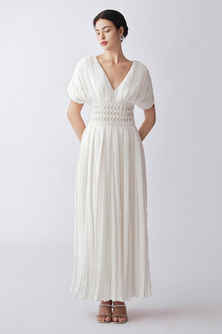 Eira Pleated V-Neck Linen Ankle Length Dress - MEAN BLVD