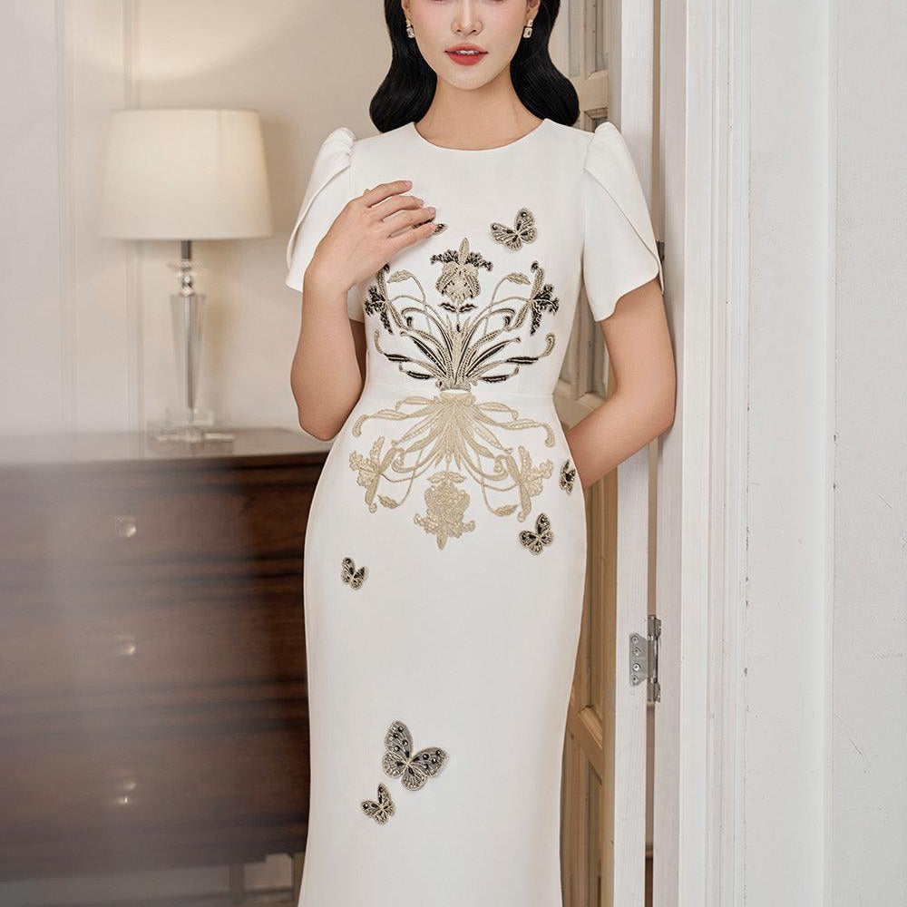 Elation Trumpet Short Sleeved Linen Blend Midi Dress - MEAN BLVD