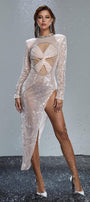 Eleanora Asymmetric Twisted Sequin Midi Dress - MEAN BLVD