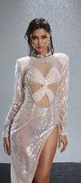Eleanora Asymmetric Twisted Sequin Midi Dress - MEAN BLVD
