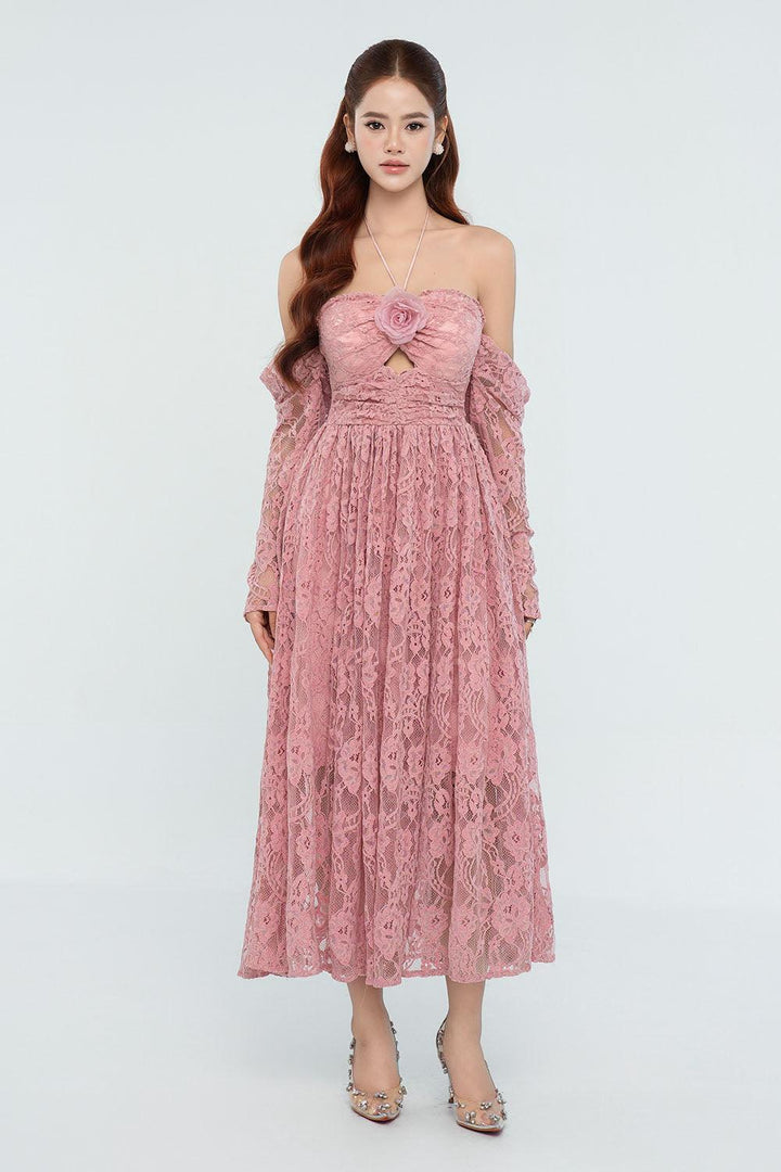 Eliana Halter Gathered Lace Midi Dress - MEAN BLVD