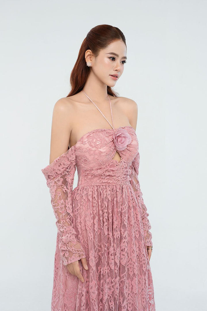 Eliana Halter Gathered Lace Midi Dress - MEAN BLVD