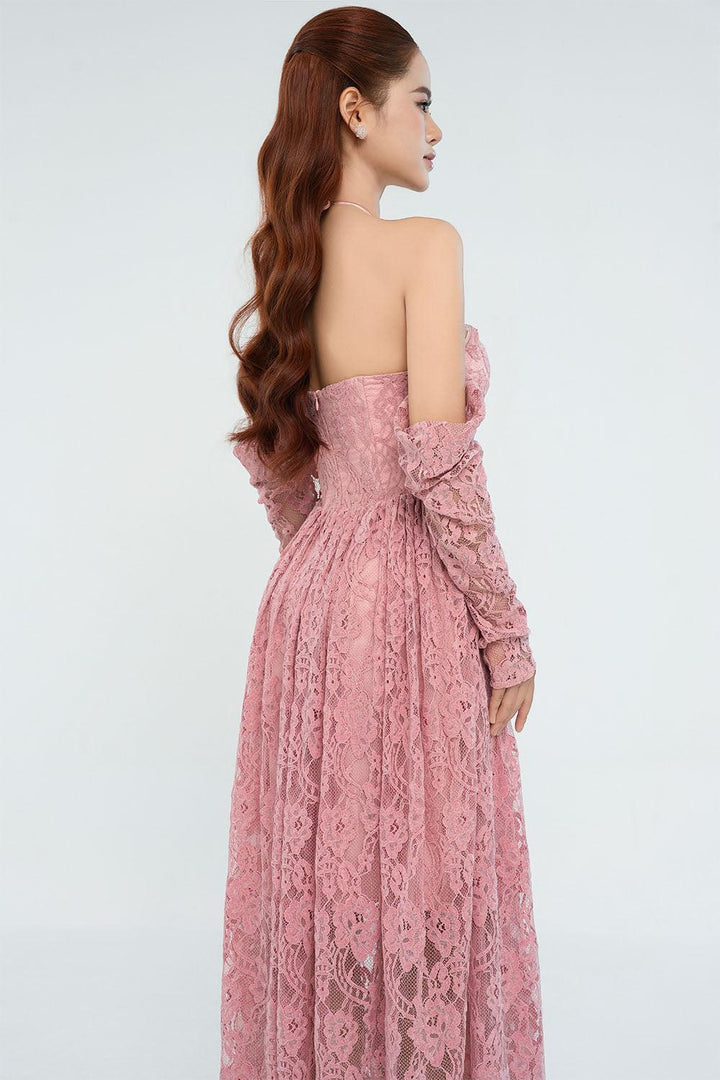 Eliana Halter Gathered Lace Midi Dress - MEAN BLVD